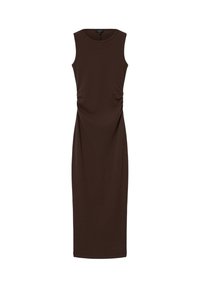 Brązowa, bezrękawnikowa sukienka midi z okrągłym dekoltem i subtelnym marszczeniem po bokach w talii.