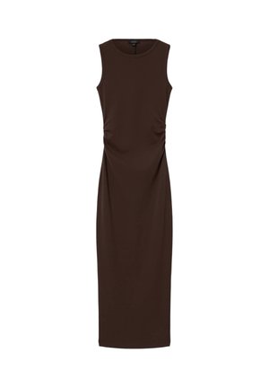 Brązowa, bezrękawnikowa sukienka midi z okrągłym dekoltem i subtelnym marszczeniem po bokach w talii.