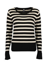 Gestreifter Pullover in Schwarz und Creme mit langen Ärmeln, runder Ausschnitt, gerippten Bündchen und einem einfarbigen schwarzen Saum. Weiches Strickmaterial.