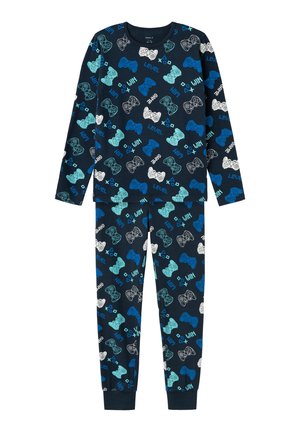 Pyjama bleu foncé avec un imprimé intégral de manettes de jeux vidéo et de texte en bleu clair, blanc et vert menthe. Tissu doux et manches longues.