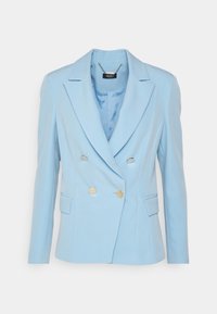 Jasnoniebieska marynarka dwurzędowa z satynową podszewką, klapami typu szczytowego i dwoma bocznymi kieszeniami. Posiada metalowe guziki oraz usztywniane rękawy.