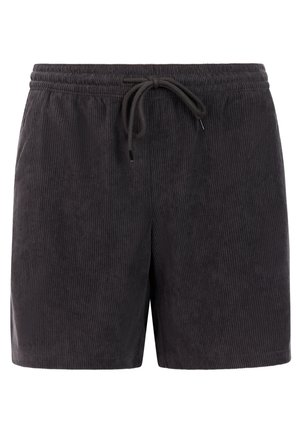 Zwarte corduroy shorts met elastische tailleband en voorste trekkoord, tot halverwege de dijen, gemaakt van een zacht, gestructureerd stof.