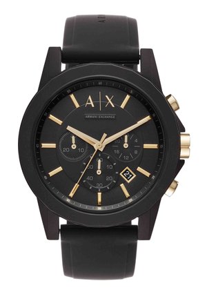 Black Armani Exchange wristwatch with gold hour markers, three subdials, date window at 4 o'clock, and black silicone strap.