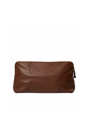 Brown leather rectangular pouch with zipper closure on the right side, smooth texture, and subtle stitching details.