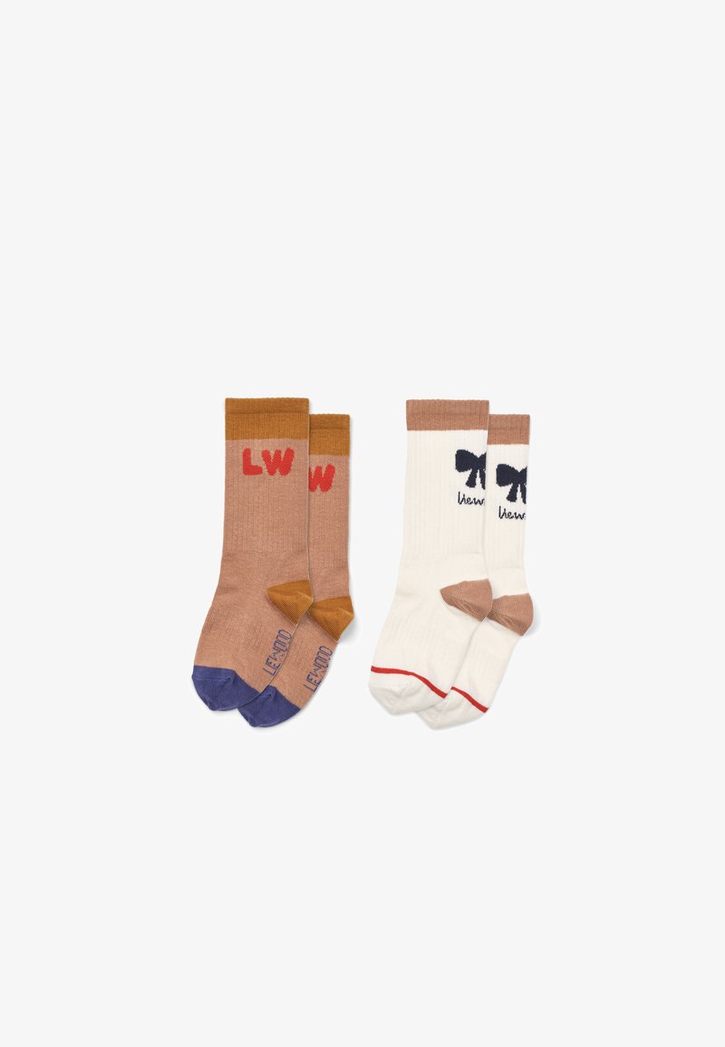 Two pairs of ankle socks: one in brown, red, and purple with "LW," and another in white with a bow design and "hew."
