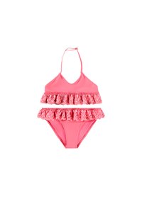 Lyserød bikini med halterneck, lagdelte flæser og blondekant på både top og bund. Fremstillet af glat badetøjsstof.