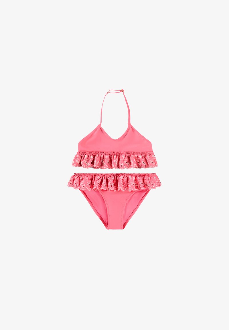 Lyserød bikini med halterneck, lagdelte flæser og blondekant på både top og bund. Fremstillet af glat badetøjsstof.