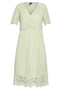 Robe en dentelle vert clair avec un col en V, manches courtes, motif floral, taille cintrée et ourlet festonné. Fabriquée en tissu en dentelle texturé.