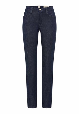 Dunkelblaue Skinny-Jeans mit hoher Taille, Frontknöpfen, Gürtelschlaufen und Fünf-Taschen-Design, auf weißem Hintergrund dargestellt.