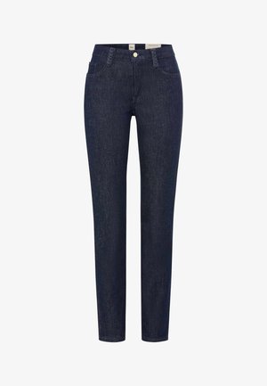 Jean skinny bleu foncé taille haute avec bouton à l'avant, passants pour ceinture et design à cinq poches, présenté sur un fond blanc uni.
