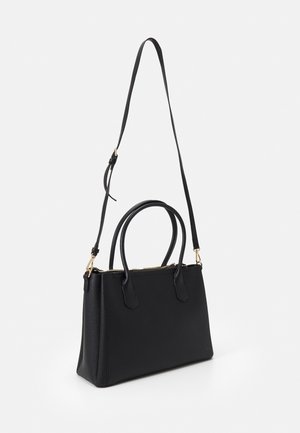 Black leather handbag with two short handles and one long adjustable shoulder strap, gold zipper, structured rectangular shape.