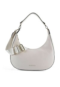 Borsa a tracolla in pelle beige morbida con un design curvo, caratterizzata da una rifinitura nera, ferrature dorate e una tracolla staccabile e regolabile.