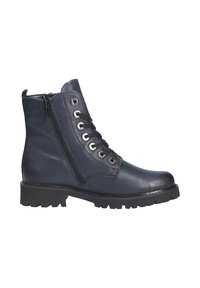 Stivaletto in pelle blu scuro con allacciatura frontale, zip laterale e suola robusta. Dotato di occhielli metallici e fodera interna morbida.