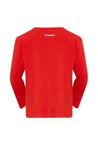 Langarm-T-Shirt aus roter Baumwolle mit Rundhalsausschnitt und weißem "Mammut"-Logo, das auf dem oberen Rücken aufgedruckt ist. Weicher Stoff und klassischer Schnitt.