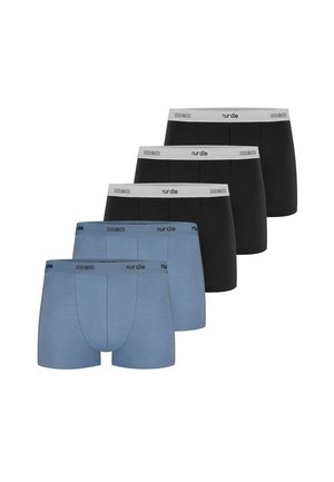 Fem par herre boxershorts i sort og blå, arrangeret i to rækker med mærkede taljebånd med teksten "nur die men."