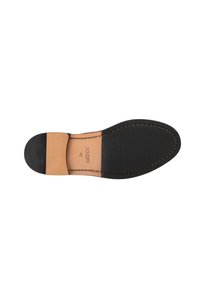 Mustan nahkakengän pohja, jossa on sileä pinta, vaaleanbeige sisäpohja ja hienot tikit reunoilla. Sisältää brändin nimen ja koon.