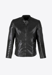 Giubbotto da moto in pelle nera con design aderente, spalle strutturate, dettagli a coste sulle maniche e tasche con zip sui lati.