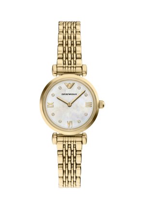 Goldene Emporio Armani Armbanduhr mit Perlmuttzifferblatt, Diamantstundenmarkierungen, römischen Ziffern bei 3, 6 und 9 sowie einem Glieder-Metallband.