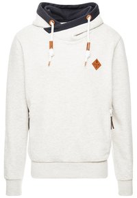 Felpa con cappuccio grigio chiaro e collo blu navy, con coulisse regolabile e dettagli in pelle. Presenta tasche laterali con zip e un patch con logo a forma di diamante.