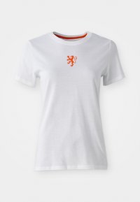 Hvitt bomull T-skjorte med et lite oransje løvegrafikk på brystet, rund hals med oransje detaljer og kort erm.