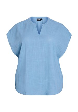 Lichtblauw, kort mouwblouse met een V-hals en een relaxte pasvorm. Zachte, gestructureerde stof met een subtiel ruitpatroon. Gebogen zoom.