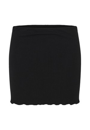 Schwarzer gerippter Minirock mit wellenförmigem Saum und figurbetontem Bund, dargestellt vor weißem Hintergrund.