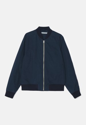 Navy bomber jacket with a ribbed collar and cuffs, front zipper closure, and side pockets; smooth fabric with a matte finish.