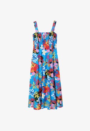 Ziedu raksta kleita spilgtās krāsās, ar uzsmēlētu krūšu daļu, plānām siksnām un plūstošu A līnijas siluetu. Izgatavota no viegla auduma.