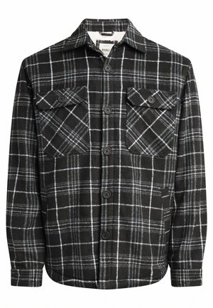 Čierna a šedá kockovaná košeľa s dvoma náprsními vreckami, predným zapínaním na gombíky a jemnou textúrou. Obsahuje kontrastné biele čiary v vzore.