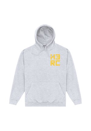 Sweat à capuche gris clair avec poche frontale et texte en bloc jaune "HERO" sur la partie supérieure gauche de la poitrine.