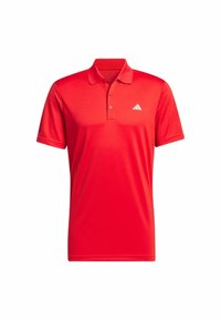 Rød polo t-shirt lavet af glat stof, med klassisk krave, tre-knaps lukning, og et lille hvidt logo på venstre bryst.