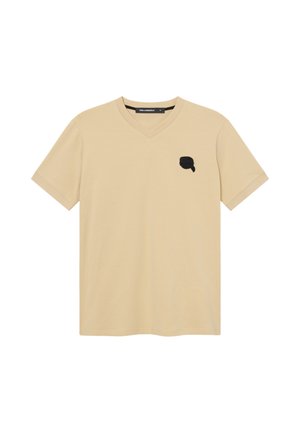 Beige V-hals T-shirt met korte mouwen en een zwart geborduurd logo op de linkerborst, gemarkeerd als medium maat door het merklabel.