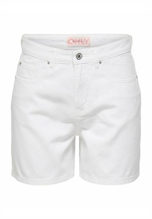 Short en denim blanc avec fermeture devant par bouton et zip, passants pour ceinture, poches, et une étiquette de marque rose "ONLY" visible sur la ceinture intérieure.