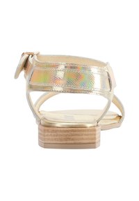 Gouden metalen sandalen met een gestructureerd bandontwerp, open achterkant en een lage houten hak. Inclusief een gesp-sluiting voor het aanpassen van de pasvorm.