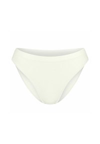 Weißer Bikiniunterteil aus einem glatten, dehnbaren Stoff. Besitzt eine niedrige Taille und moderate Bedeckung. Nahtloses Design ohne sichtbare Hardware.
