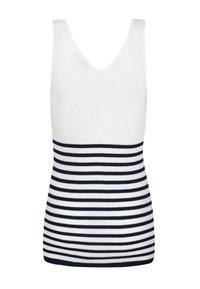Canotta a costine bianca con un motivo a righe blu navy sulla parte inferiore. Design a V, silhouette aderente, tessuto elastico.
