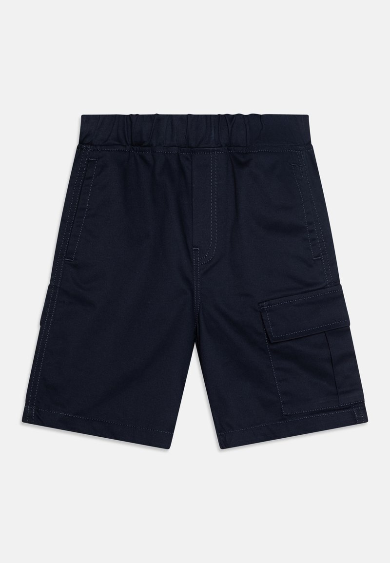 Námornícke modré šortky vyrobené z pevných materiálov, s elastickým pásom, dvoma bočnými vreckami a cargo vreckom na pravej nohe.