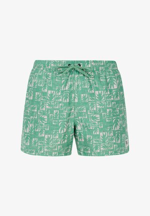 Groene zwemshorts met een wit bladpatroon in een gridontwerp, voorzien van een elastische tailleband en een trekkoord voor een verstelbare pasvorm.