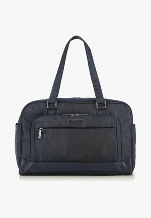 Borsa in nylon blu navy con doppie maniglie, compartimento principale con zip, tasca anteriore e dettagli in metallo argentato. Texture liscia e design strutturato.