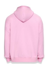 Pink hooded sweatshirt with a relaxed fit, soft fabric, ribbed cuffs, and hem. Features a large hood and no visible branding or patterns.