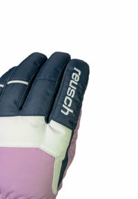 Reusch gloves featuring a pink and navy design, textured fabric, three fingers, and prominent logo.