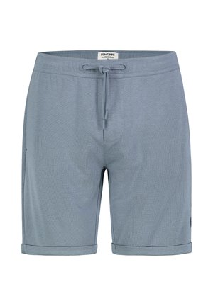 Hellblaue Freizeithosen mit Kordelzugbund, hochgekrempelten Säumen und strukturierter Stoff, Frontansicht.