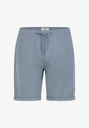 Hellblaue Freizeithosen mit Kordelzugbund, hochgekrempelten Säumen und strukturierter Stoff, Frontansicht.