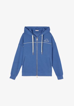 Felpa con cappuccio blu con cerniera, coulisse bianche, tasche frontali, bordatura bianca sul petto e ricamo "Relax Club" sul lato sinistro del petto.