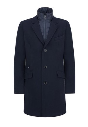 Granatowy płaszcz z wełny, z kołnierzem z wycięciem, guzikami z przodu i zapinaną na zamek warstwą wewnętrzną. Posiada boczne kieszenie oraz elegancki, wyrafinowany design.