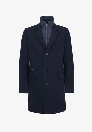 Granatowy płaszcz z wełny, z kołnierzem z wycięciem, guzikami z przodu i zapinaną na zamek warstwą wewnętrzną. Posiada boczne kieszenie oraz elegancki, wyrafinowany design.