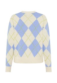 Maglione lavorato a maglia con base crema e motivo a rombi blu e verde. Scollatura rotonda, maniche lunghe, polsini e orlo a coste.