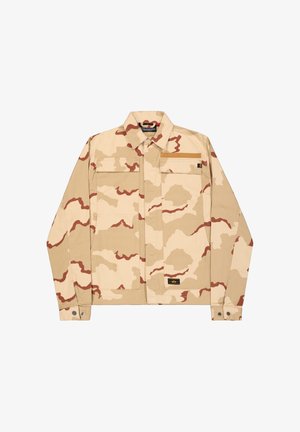 Beige camouflage jacket made of cotton with a folded collar, two front pockets, and logo patch on the left chest. Design features red-brown patterns.