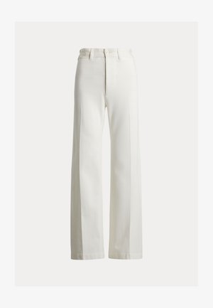Široké nohavice s vysokým pásom z bieleho denimu. Majú čistý predný dizajn so skrytým zapínaním na gombík a jemné švy pre tvar.