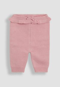 Roze pletene hlače s volanastim pojasom, koje imaju vezicu i rebraste manžete. Mekani materijal, ravnog kroja.